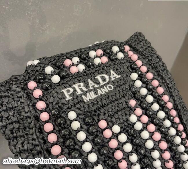 Super Quality Prada Crochet Straw Top Handle Bag with Beads 0705 Black 2023