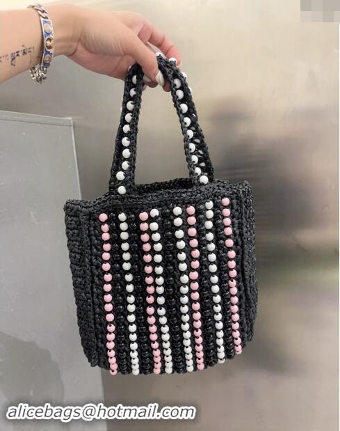 Super Quality Prada Crochet Straw Top Handle Bag with Beads 0705 Black 2023