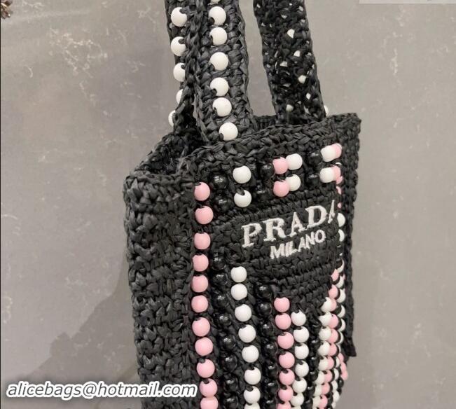 Super Quality Prada Crochet Straw Top Handle Bag with Beads 0705 Black 2023