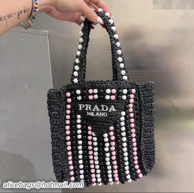 Super Quality Prada Crochet Straw Top Handle Bag with Beads 0705 Black 2023