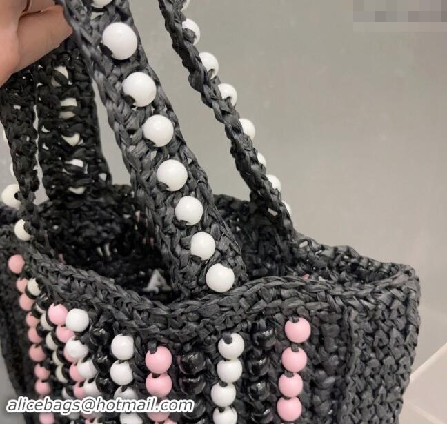 Super Quality Prada Crochet Straw Top Handle Bag with Beads 0705 Black 2023