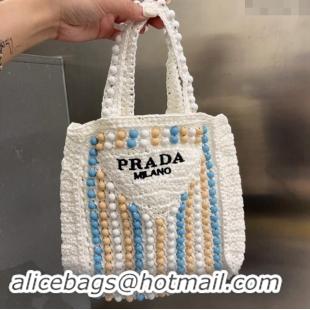 Top Design Prada Crochet Straw Top Handle Bag with Beads 0705 White 2023