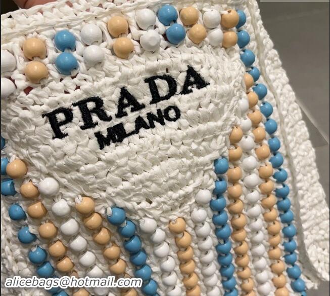 Top Design Prada Crochet Straw Top Handle Bag with Beads 0705 White 2023