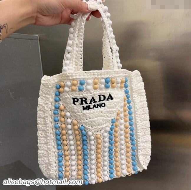 Top Design Prada Crochet Straw Top Handle Bag with Beads 0705 White 2023