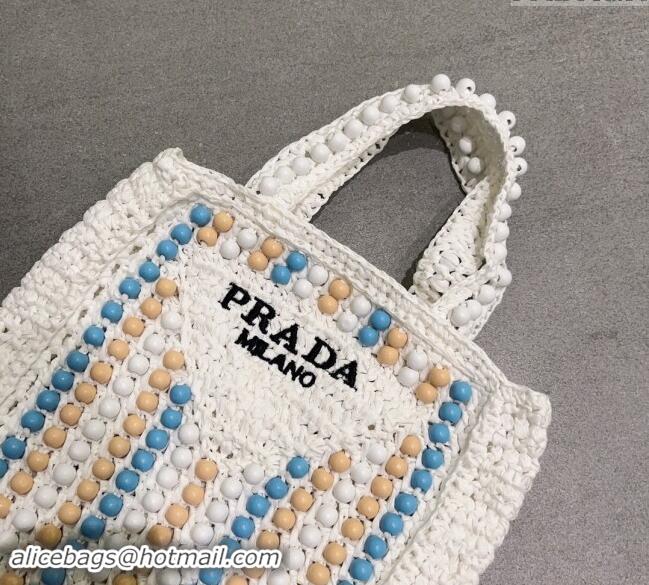 Top Design Prada Crochet Straw Top Handle Bag with Beads 0705 White 2023