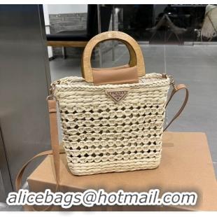 Well Crafted Prada Crochet Straw Basket Bag 0708 Pale Beige 2023