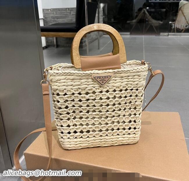 Well Crafted Prada Crochet Straw Basket Bag 0708 Pale Beige 2023