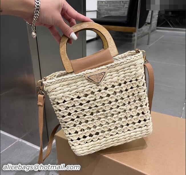 Well Crafted Prada Crochet Straw Basket Bag 0708 Pale Beige 2023