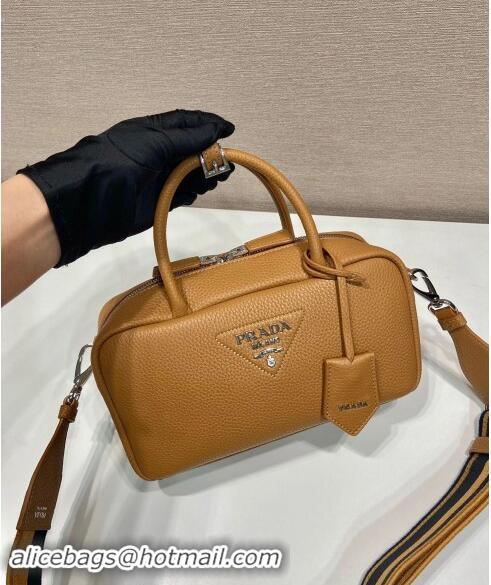 Top Quality Prada Grained Leather Top Handle Bag 1BB102 Brown 2023