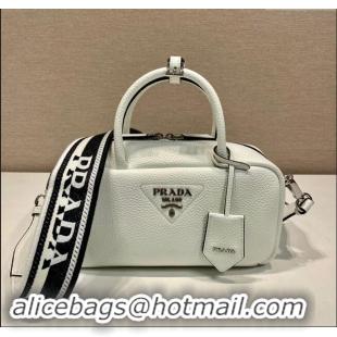 Most Popular Prada Grained Leather Top Handle Bag 1BB102 White 2023