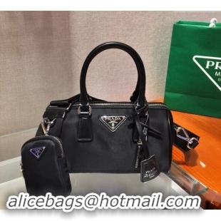 Famous Brand Prada Nylon and Saffiano Leather Small Top Handle Bag 1BA846 Black 2023