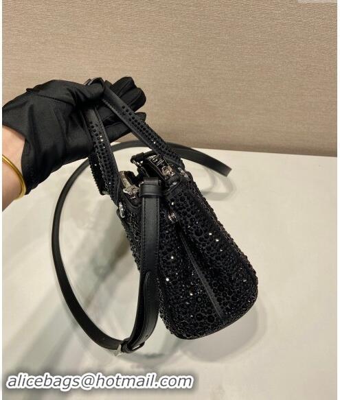 Reasonable Price Prada Galleria satin mini-bag with crystals 1BA906 Black 2023