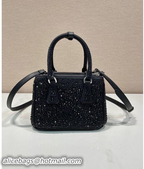 Reasonable Price Prada Galleria satin mini-bag with crystals 1BA906 Black 2023