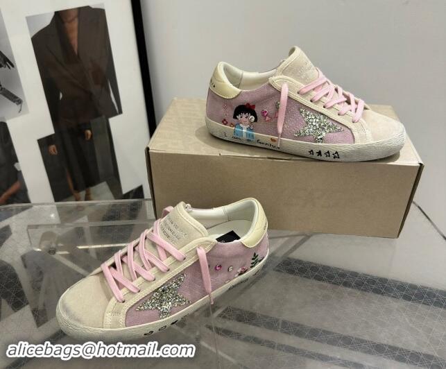 Grade Quality Golden Goose Super-Star Sneakers in Grey and Purple Suede with Girl Print 0530001