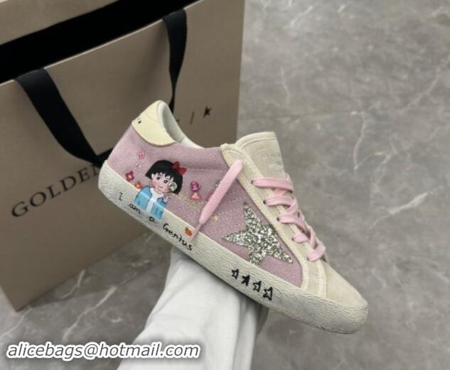 Grade Quality Golden Goose Super-Star Sneakers in Grey and Purple Suede with Girl Print 0530001