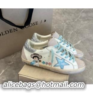 Grade Golden Goose Super-Star Sneakers in Leather and Suede with Girl Print White/Light Blue 530003