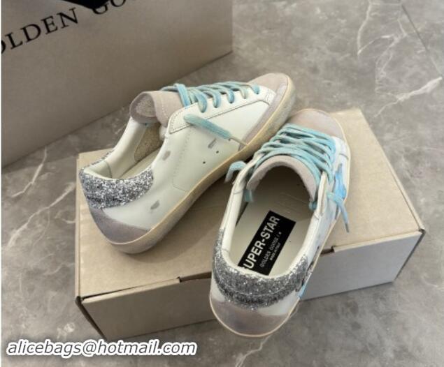 Grade Golden Goose Super-Star Sneakers in Leather and Suede with Girl Print White/Light Blue 530003