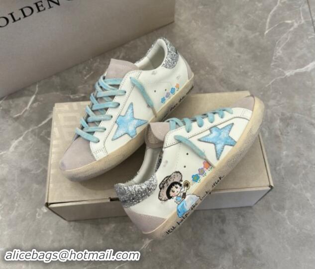 Grade Golden Goose Super-Star Sneakers in Leather and Suede with Girl Print White/Light Blue 530003