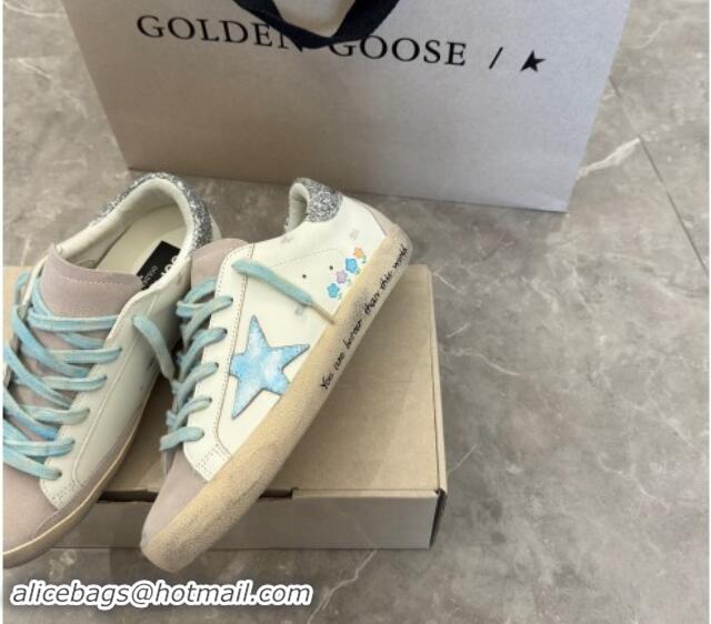 Grade Golden Goose Super-Star Sneakers in Leather and Suede with Girl Print White/Light Blue 530003