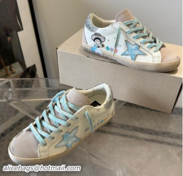 Grade Golden Goose Super-Star Sneakers in Leather and Suede with Girl Print White/Light Blue 530003