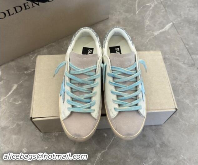 Grade Golden Goose Super-Star Sneakers in Leather and Suede with Girl Print White/Light Blue 530003