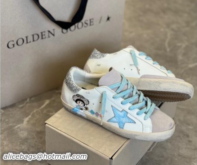 Grade Golden Goose Super-Star Sneakers in Leather and Suede with Girl Print White/Light Blue 530003