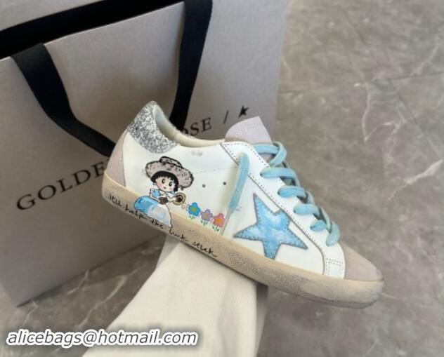 Grade Golden Goose Super-Star Sneakers in Leather and Suede with Girl Print White/Light Blue 530003