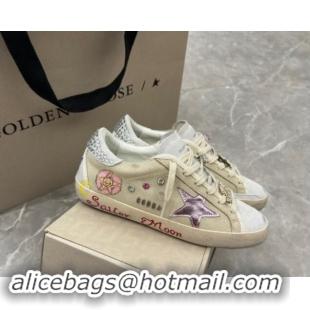 Hot Style Golden Goose Super-Star Sneakers in Beige Crinkle Leather and Suede with Moon Print 0530002