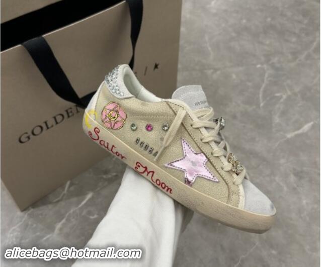 Hot Style Golden Goose Super-Star Sneakers in Beige Crinkle Leather and Suede with Moon Print 0530002