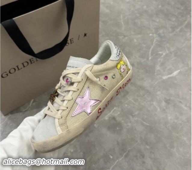 Hot Style Golden Goose Super-Star Sneakers in Beige Crinkle Leather and Suede with Moon Print 0530002