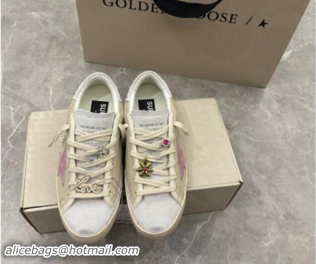 Hot Style Golden Goose Super-Star Sneakers in Beige Crinkle Leather and Suede with Moon Print 0530002