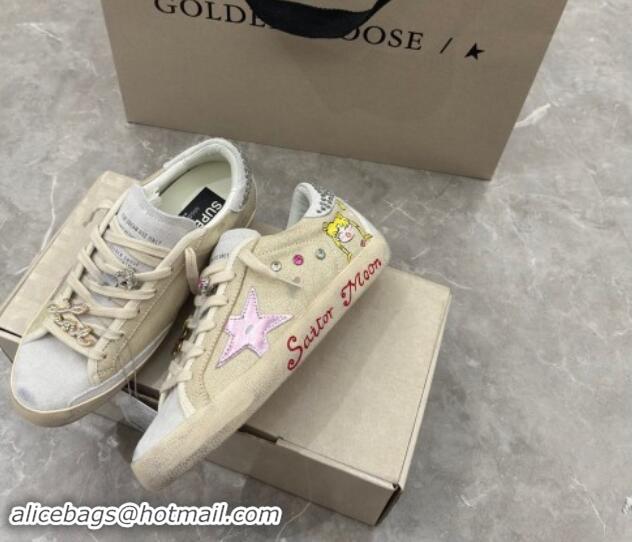 Hot Style Golden Goose Super-Star Sneakers in Beige Crinkle Leather and Suede with Moon Print 0530002