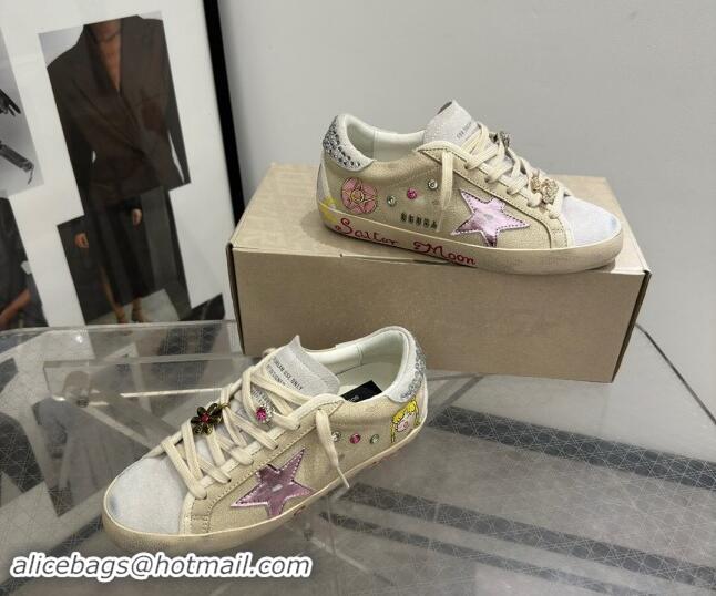 Hot Style Golden Goose Super-Star Sneakers in Beige Crinkle Leather and Suede with Moon Print 0530002