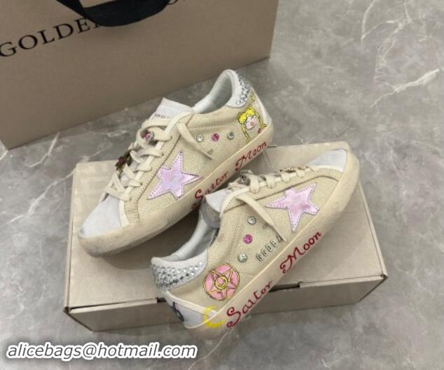 Hot Style Golden Goose Super-Star Sneakers in Beige Crinkle Leather and Suede with Moon Print 0530002