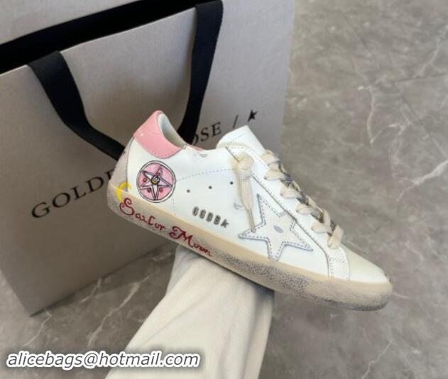 Sumptuous Golden Goose Super-Star Sneakers in Leather with Moon Print White/Light Pink 0530004