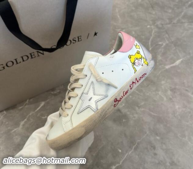 Sumptuous Golden Goose Super-Star Sneakers in Leather with Moon Print White/Light Pink 0530004