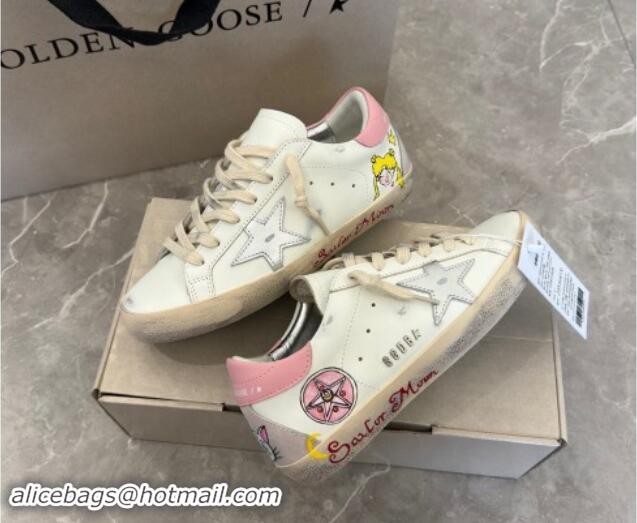 Sumptuous Golden Goose Super-Star Sneakers in Leather with Moon Print White/Light Pink 0530004