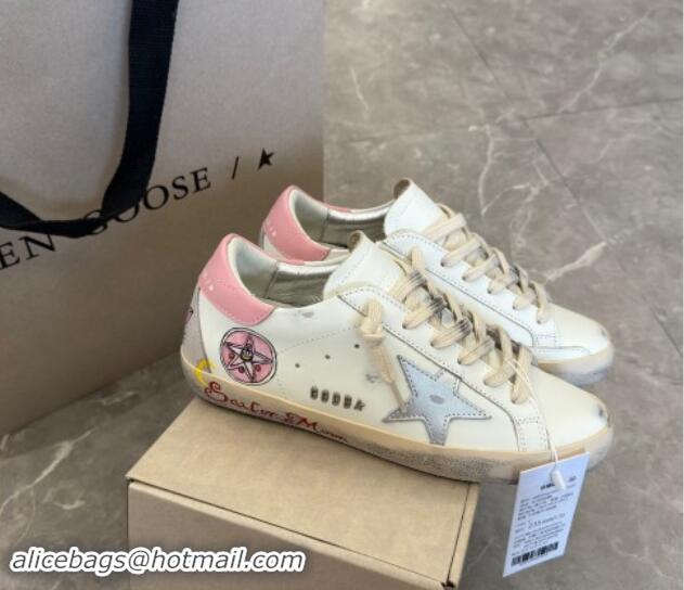 Sumptuous Golden Goose Super-Star Sneakers in Leather with Moon Print White/Light Pink 0530004