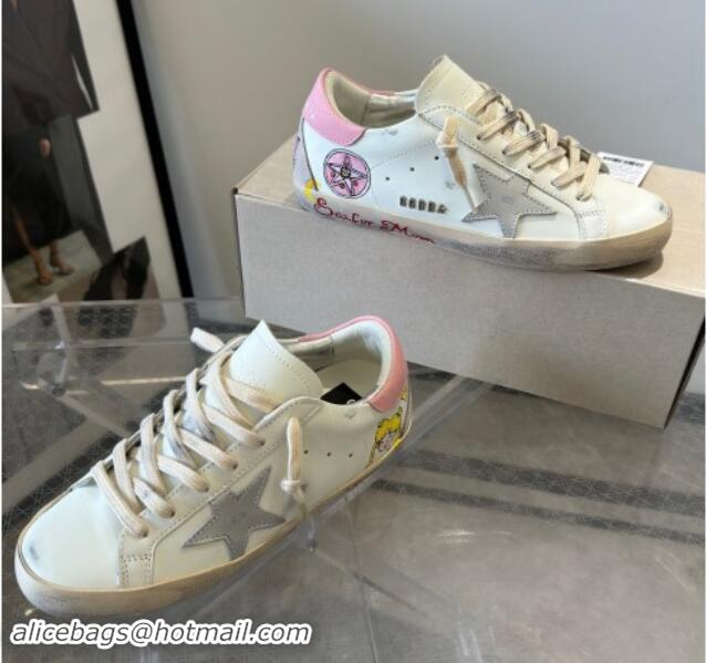 Sumptuous Golden Goose Super-Star Sneakers in Leather with Moon Print White/Light Pink 0530004