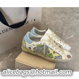 Stylish Golden Goose Super-Star Sneakers in Leather and Glitters with Dogs Print White/Light Blue 530005