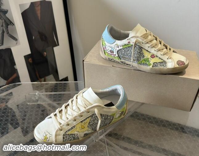 Stylish Golden Goose Super-Star Sneakers in Leather and Glitters with Dogs Print White/Light Blue 530005