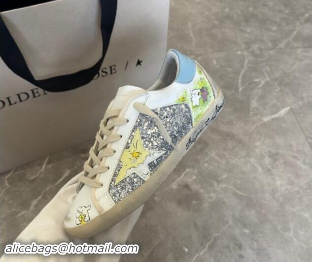 Stylish Golden Goose Super-Star Sneakers in Leather and Glitters with Dogs Print White/Light Blue 530005