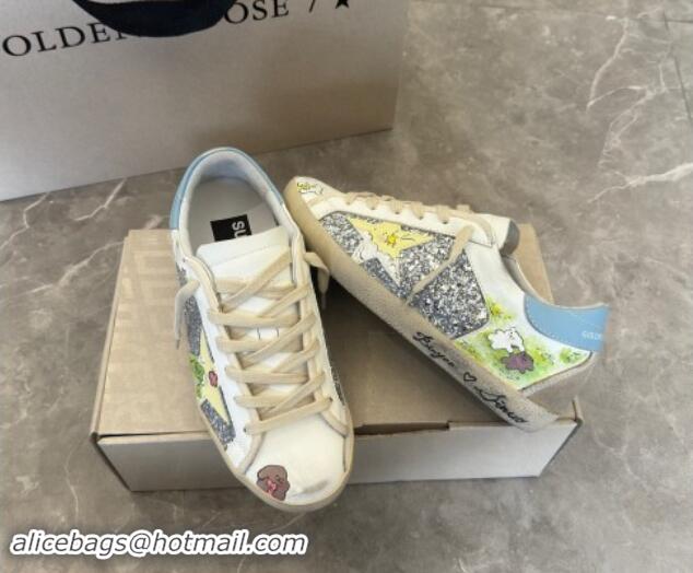 Stylish Golden Goose Super-Star Sneakers in Leather and Glitters with Dogs Print White/Light Blue 530005