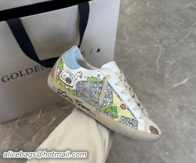 Stylish Golden Goose Super-Star Sneakers in Leather and Glitters with Dogs Print White/Light Blue 530005