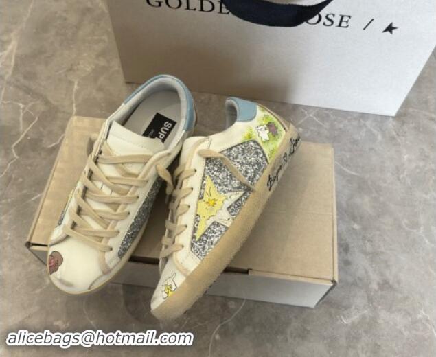 Stylish Golden Goose Super-Star Sneakers in Leather and Glitters with Dogs Print White/Light Blue 530005