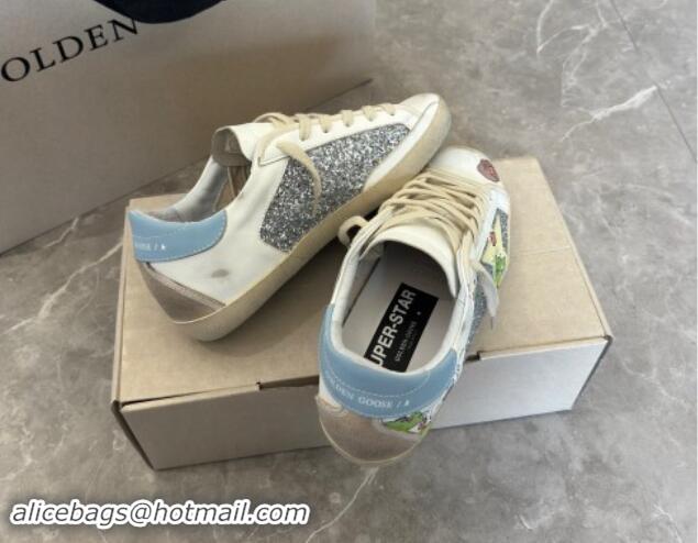 Stylish Golden Goose Super-Star Sneakers in Leather and Glitters with Dogs Print White/Light Blue 530005