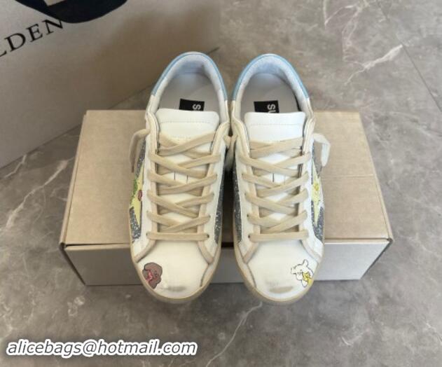 Stylish Golden Goose Super-Star Sneakers in Leather and Glitters with Dogs Print White/Light Blue 530005