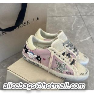 Stylish Golden Goose Super-Star Sneakers in Grey and Purple Printed Suede 0530007