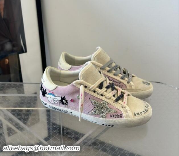 Stylish Golden Goose Super-Star Sneakers in Grey and Purple Printed Suede 0530007