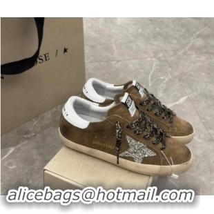 Top Grade Golden Goose Super-Star Sneakers in Brown Suede with Silver Glitter Star and White Tab 0530008